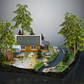 Cartoon Scene With Cozy Cabin Pine Trees Patio Furniture Rocks And Path