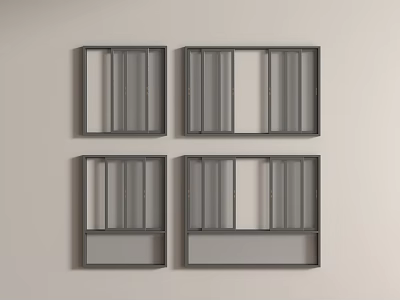 Four Gray Casement Windows with Modern Design on Light Colored Wall 3d model