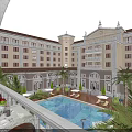 Elegant Mediterranean Style Office Building with Courtyard Swimming Pool Palm Trees and Evening Lights