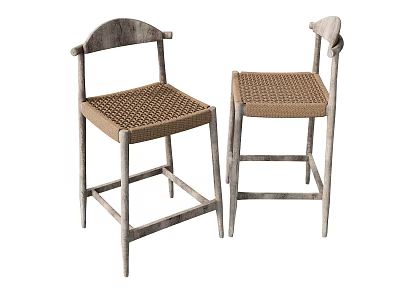 Rustic Bar Stools With Wooden Frame Woven Seats And Arched Back Design 3d model