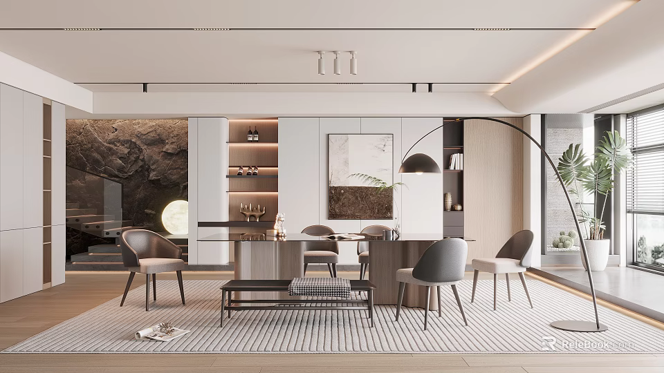 Modern Dining Room Interior With Table Chairs And Decor 3d model 