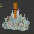 Detailed Cartoon City Scene Featuring Tall Orange Tower And Blue Surrounding Buildings