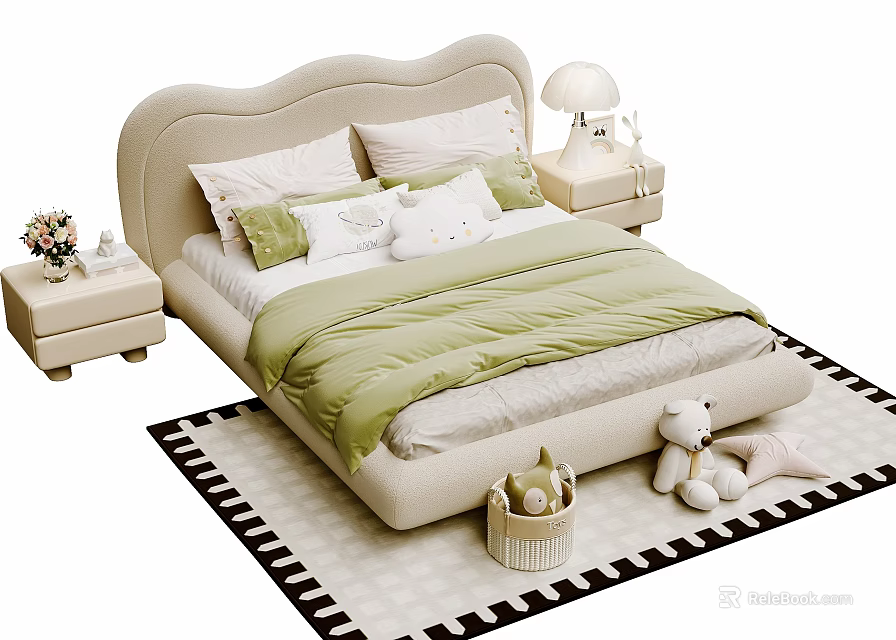 Kids Bed Heart Shaped Headboard Green Quilt Pillows Nightstands Lamp Stuffed Toys On Rug 3d model 