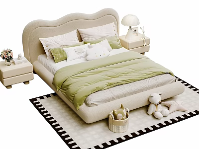 Kids Bed Heart Shaped Headboard Green Quilt Pillows Nightstands Lamp Stuffed Toys On Rug 3d model