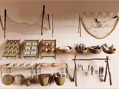 drying rack fishing net fish shrimp 3d model