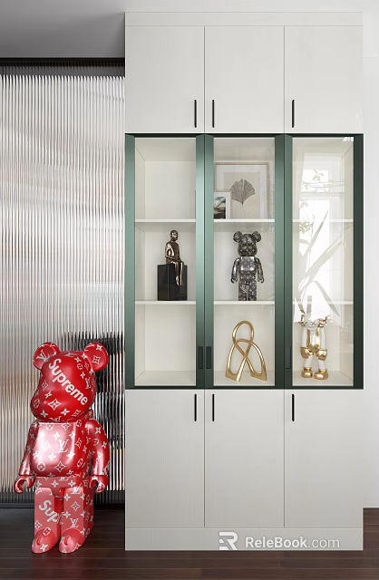 White Glass Door Decorative Cabinet Displaying Ornaments Bear Statue And Red Supreme Doll 3d model 