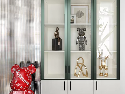 White Glass Door Decorative Cabinet Displaying Ornaments Bear Statue And Red Supreme Doll 3d model