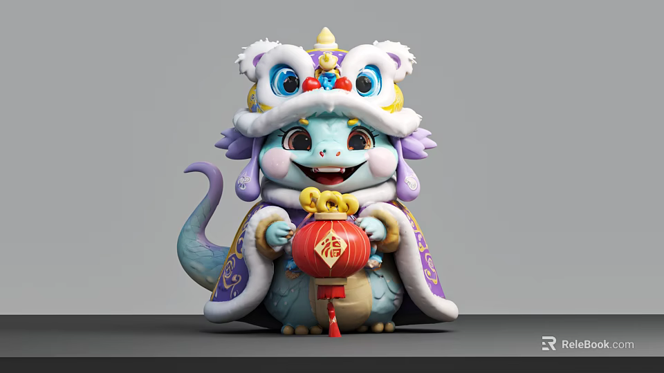 Cute Reptile Figure In Traditional Costume With Red Lantern And Lion Head Decoration 3d model 
