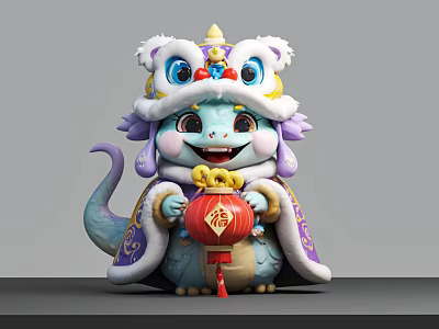 Cute Reptile Figure In Traditional Costume With Red Lantern And Lion Head Decoration 3d model