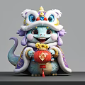 Cute Reptile Figure In Traditional Costume With Red Lantern And Lion Head Decoration