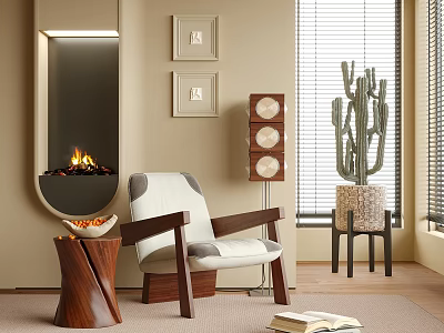 Wooden Arm Accent Chair in Modern Living Room with Fireplace Framed Art and Cactus 3d model