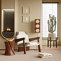 Wooden Arm Accent Chair in Modern Living Room with Fireplace Framed Art and Cactus