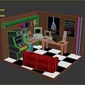 Vintage Computer Setup With Computer Desk Red Sofa Posters Bookshelf And Gaming Elements