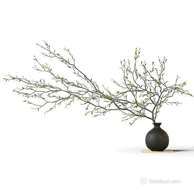 Black Vase With Green Bud Branches On Light Mat White Background 3d model