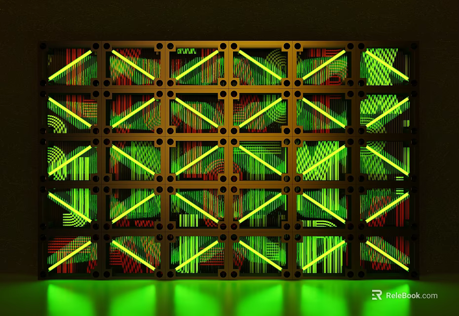 Modern Neon Lights Photo Spot with Black Frame Grid and Colorful Geometric Lines 3d model 