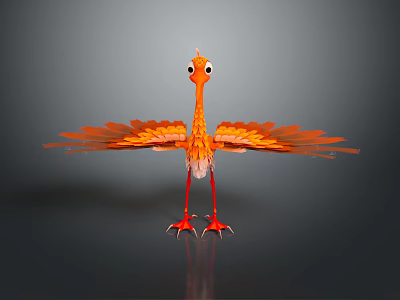 Orange Bird with Spread Wings Big Eyes Red Legs and Claws on Gray Background 3d model