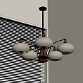 Modern Five Light Chandelier With Metal Frame Glass Shades In Interior With Window Blinds
