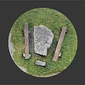 Outdoor Scenic Setting With Circular Grassy Area Large Stone Table And Wooden Benches