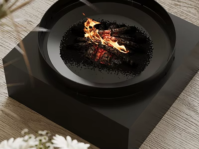 Modern Black Round Fireplace With Flames Wood Logs On Black Square Base Wooden Tabletop 3d model