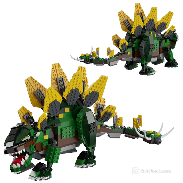 Green And Yellow Building Blocks Stegosaurus Dinosaur With Back Plates And Tail Spikes 3d model 