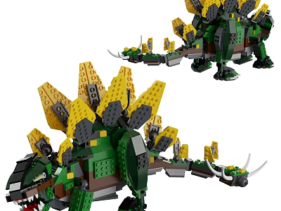 Green And Yellow Building Blocks Stegosaurus Dinosaur With Back Plates And Tail Spikes 3d model