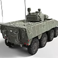 Military Armored Wheeled Vehicle with Turret Antennas and Green Camouflage Exterior