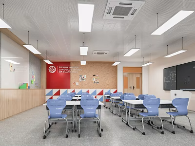 School Classroom Interior With Blue Chairs White Tables Red And White Walls Blackboard And Lights 3d model