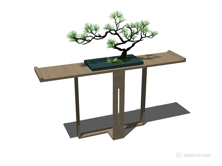 Wooden Console Table With Decorative Bonsai Pine Tree For Home Entryway Decor 3d model