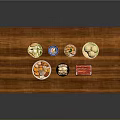 Wooden Dining Table with Gray Legs and Various Bowls Plates Holding Fruits Snacks