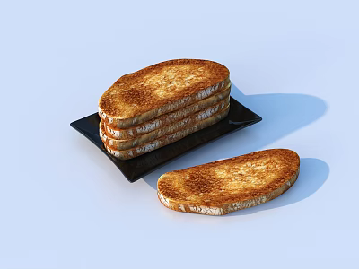 Freshly Baked Golden Crispy Toast Stacked On Black Plate With One Slice Beside 3d model