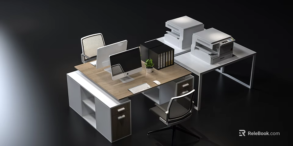 Office Desk Setup With Computer Monitor Keyboard Mouse Potted Plant Folders Printer And Chairs 3d model 
