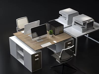 Office Desk Setup With Computer Monitor Keyboard Mouse Potted Plant Folders Printer And Chairs 3d model