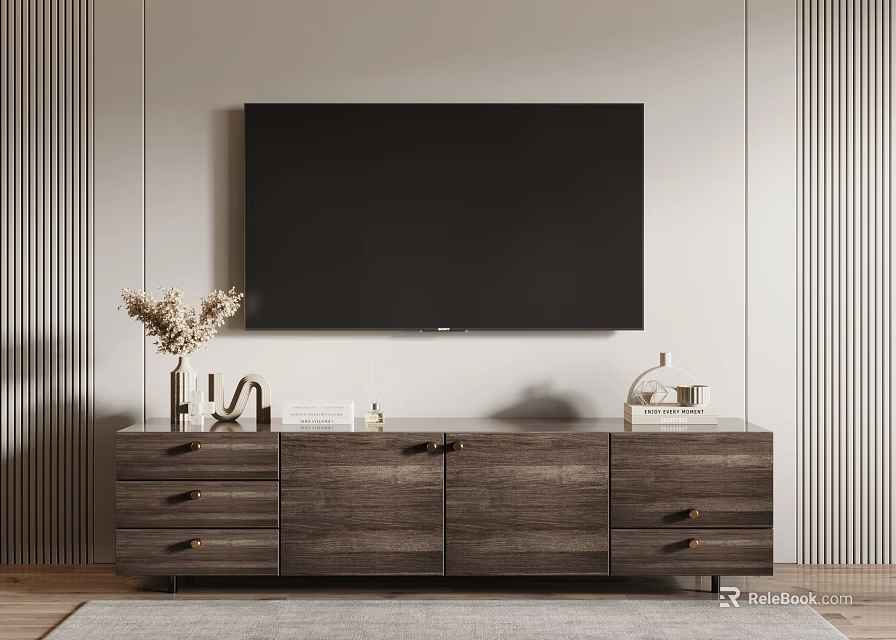 Wooden TV Stand with Drawers Decorative Vase Books and Vertical Striped Wall 3d model 