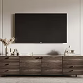 Wooden TV Stand with Drawers Decorative Vase Books and Vertical Striped Wall