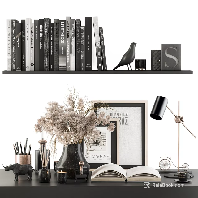 Chic Decorative Ornament Set With Bookshelf Books Bird Figurine Letter Decor Vase And Table Lamp 3d model 