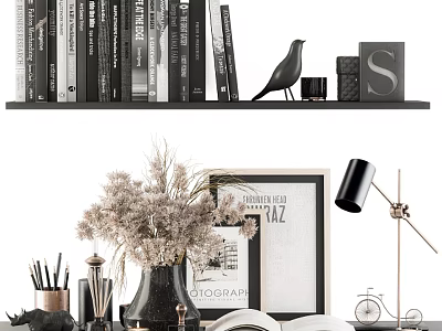 Chic Decorative Ornament Set With Bookshelf Books Bird Figurine Letter Decor Vase And Table Lamp 3d model