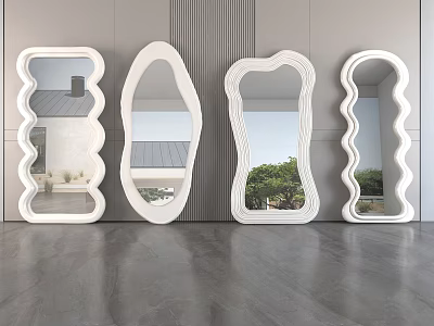 White Mirrors of Various Shapes Leaning Against Textured Wall Reflecting Outdoor Views on Gray Floor 3d model