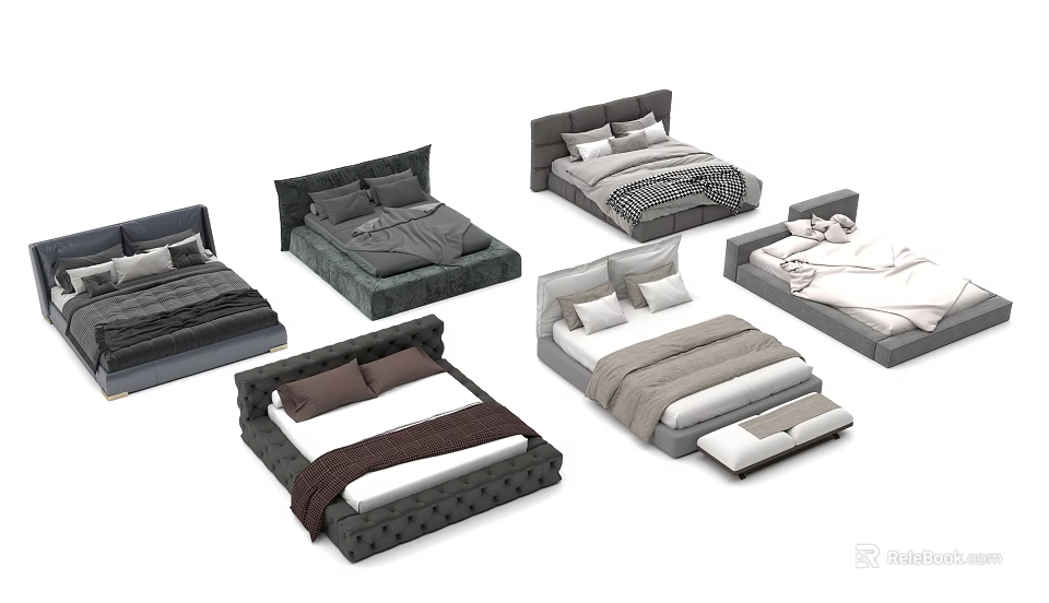 Modern Double Beds Featuring Upholstered Headboards And Multiple Bedding Styles 3d model