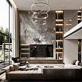 Duplex Living Room Design With Marble Accent Wall Circular Pendant Lights And Large Windows