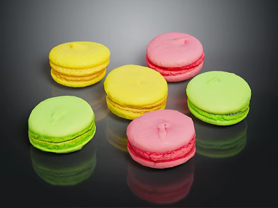 Colorful Macarons On Shiny Black Background Display As Sweet Delicious Dessert 3d model