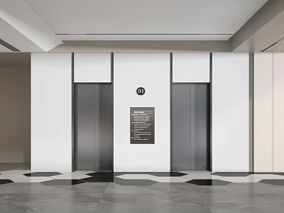 Modern Minimalist Elevator Lobby With White Walls Gray Doors Wall Plaque And Geometric Floor Tiles 3d model