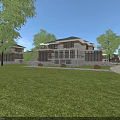 Modern Detached Villa By Waterfront With Stone Exterior Large Windows Lush Trees And Scenic View
