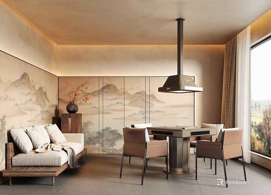 Elegant Hotel Mahjong Room Featuring Traditional Chinese Mountain Water Mural Comfortable Sofa and Pendant Lamp 3d model 