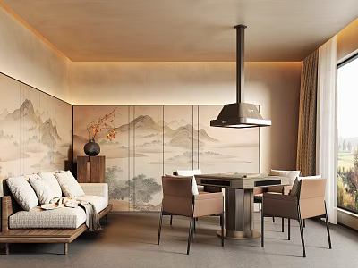 Elegant Hotel Mahjong Room Featuring Traditional Chinese Mountain Water Mural Comfortable Sofa and Pendant Lamp 3d model