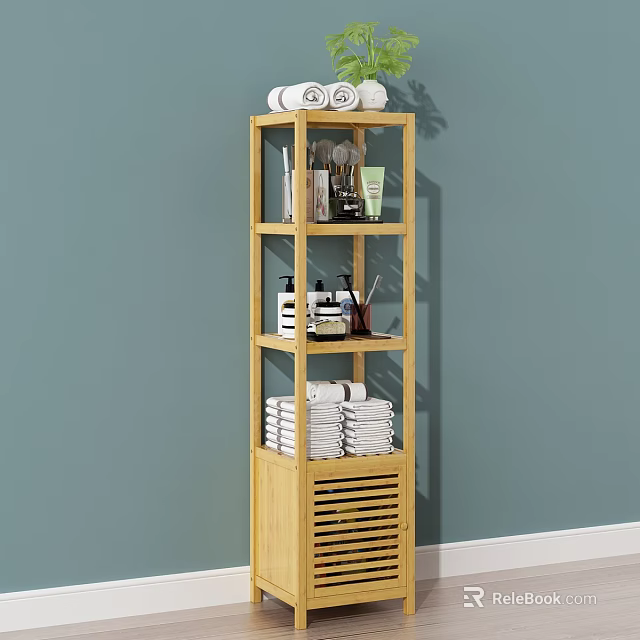 Light Wood Multi-tiered Bathroom Storage Shelf With Towels Toiletries And Louvered Door 3d model 
