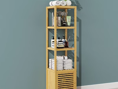 Light Wood Multi-tiered Bathroom Storage Shelf With Towels Toiletries And Louvered Door 3d model