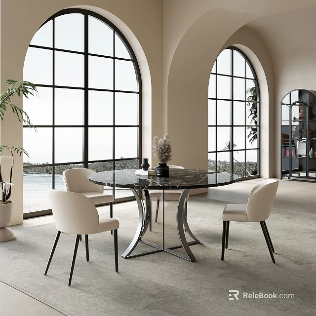 Modern Round Dining Table Set with Black Marble Top White Chairs and Arched Windows 3d model 
