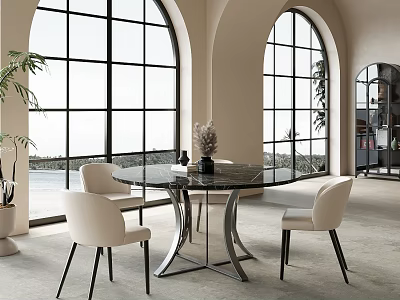 Modern Round Dining Table Set with Black Marble Top White Chairs and Arched Windows 3d model