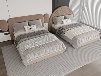 Light Brown Double Beds with Arched Headboard Gray White Bedding and Teddy Bear Pillows on Light Colored Carpet 3d model