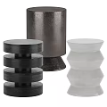 Three Different Design Ottoman in Black Metallic and White with Stacked Cylindrical Geometric Shapes